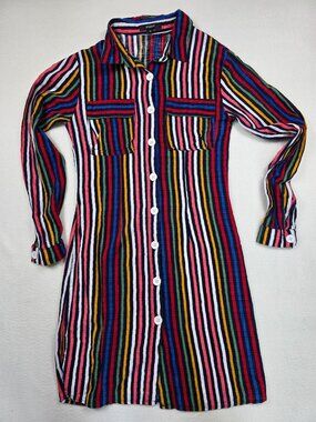 Studio F XS Multicolor Striped Button-Down Long-Sleeve Shirt Dress With Pockets